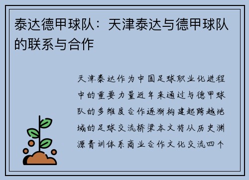 泰达德甲球队：天津泰达与德甲球队的联系与合作